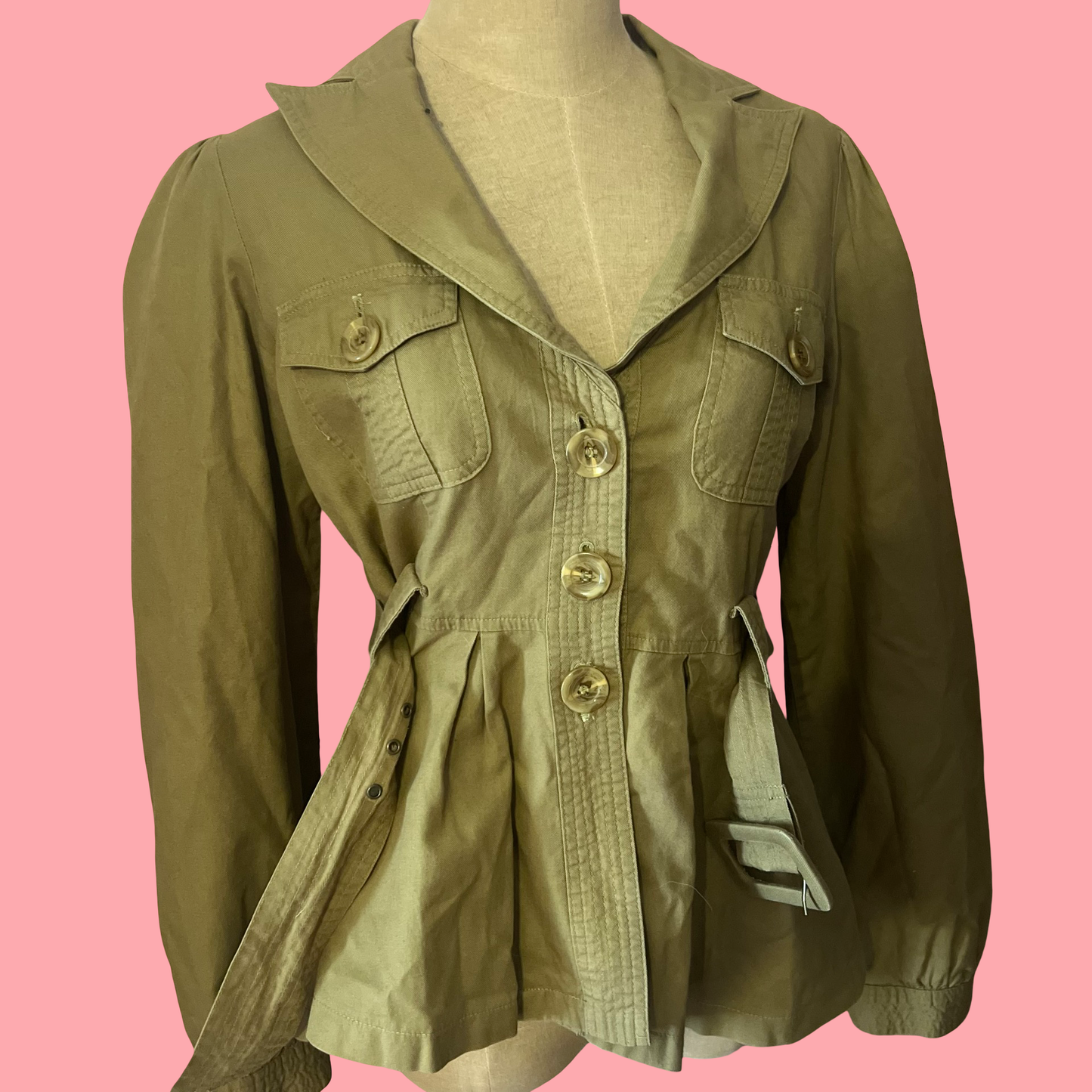 Women's Olive Green Belted Utility Jacket – Vintage Military Style | Size Medium