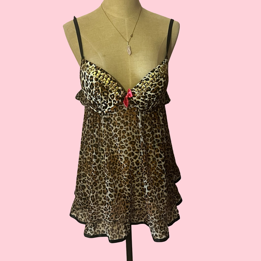 True desire y2k mcbling cheetah print rhinestone lingerie babydoll top size large