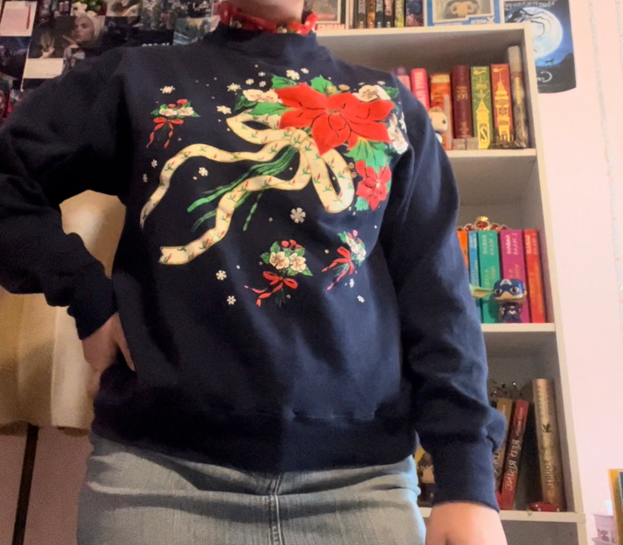 Hanes vintage grandma chic Christmas winter blue sweater size large