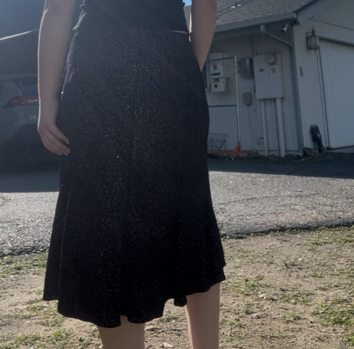 Vintage Notations Black Shimmer Midi Skirt – Size XL