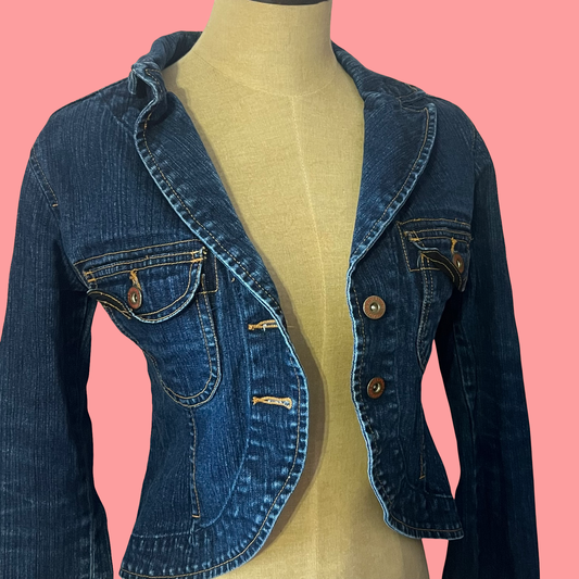 Y2K Blue Asphalt Cropped Denim Jacket XS – Vintage Early 2000s Jean Jacket