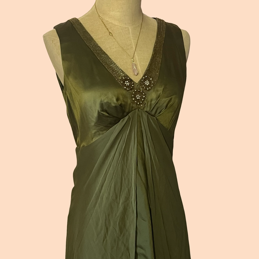 Donna Ricco petite vintage early 2000s y2k green silk beaded glam dress size 6P