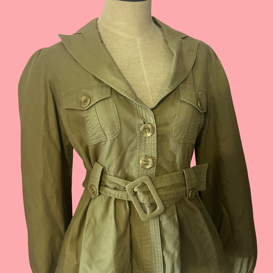 Women's Olive Green Belted Utility Jacket – Vintage Military Style | Size Medium