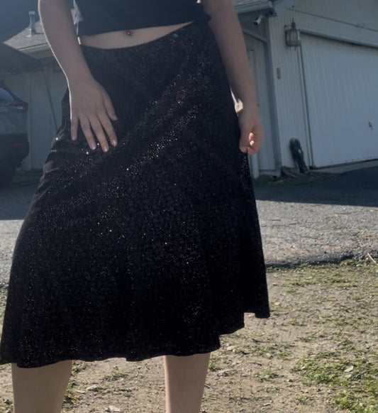 Vintage Notations Black Shimmer Midi Skirt – Size XL