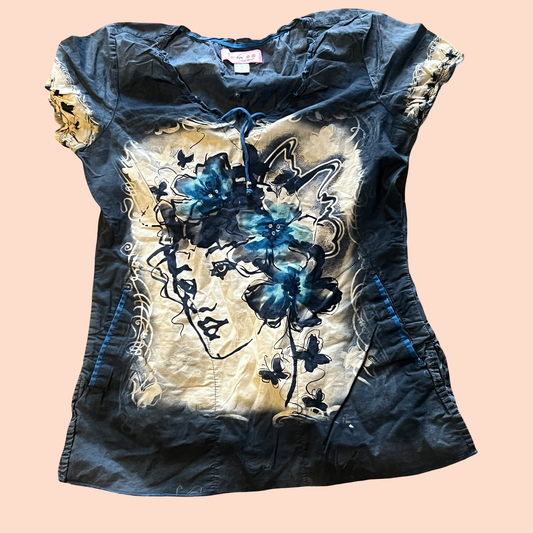 Koi by Kathy Peterson boho y2k blue blouse size small