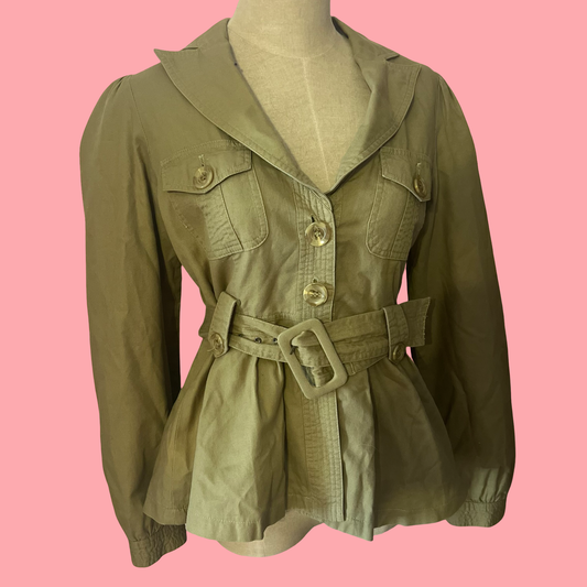 Women's Olive Green Belted Utility Jacket – Vintage Military Style | Size Medium