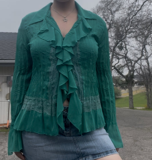 Notations vintage green ruffled lace button up fairy core boho cottage core long sleeve top size large