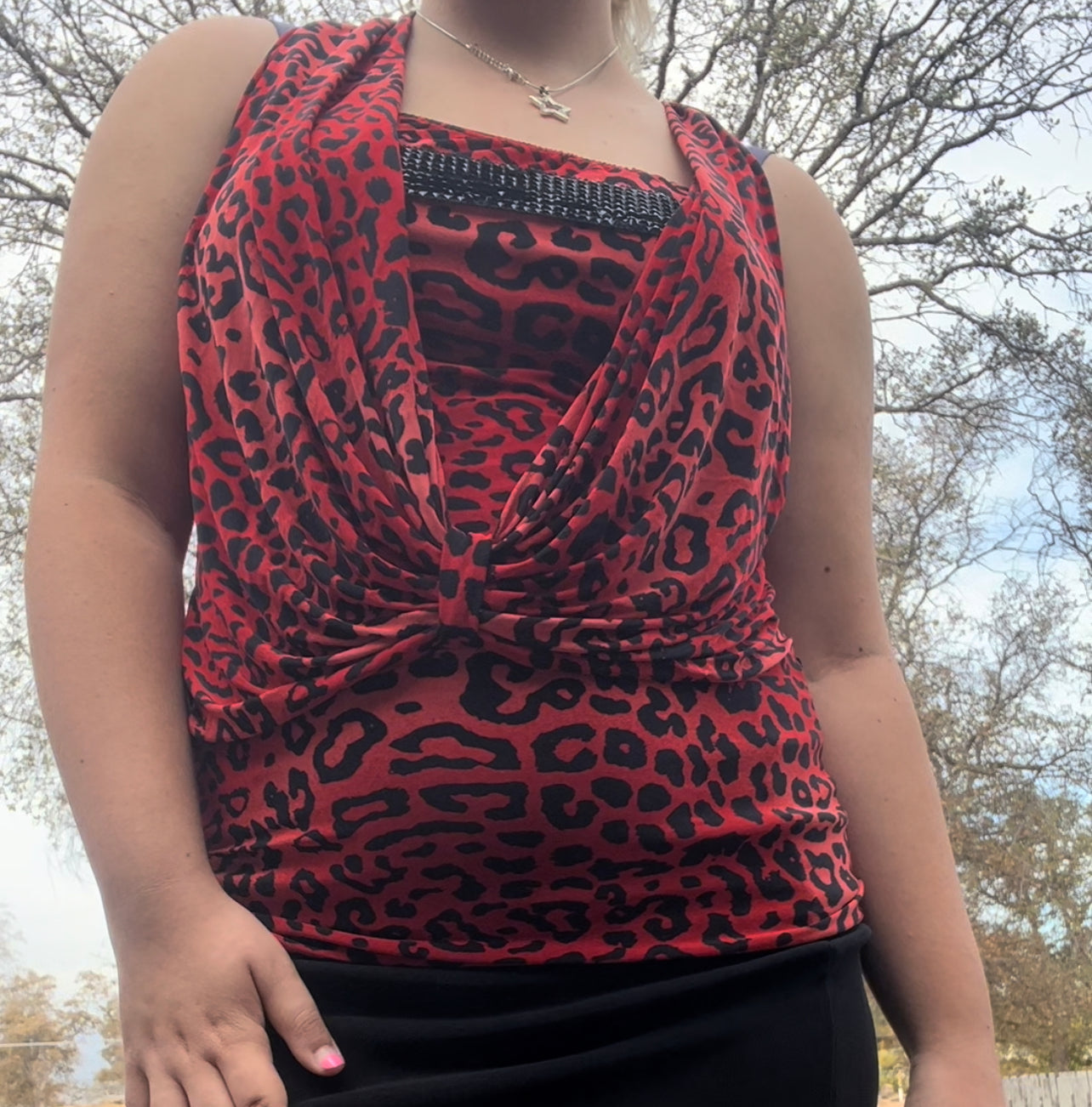 Maggie early 2000s y2k leopard going out top