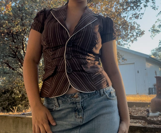 Sele vintage early 2000s y2k pinstripe brown office siren baby doll top size medium