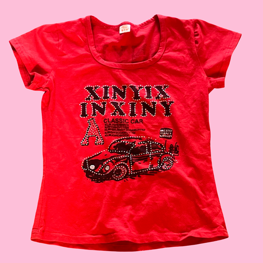 Vintage early 2000s bling car glam goth grunge red baby tee