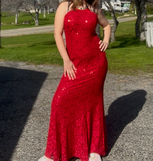 La scala USA vintage early 2000s formal prom red lace classy maxi long halter dress size XL