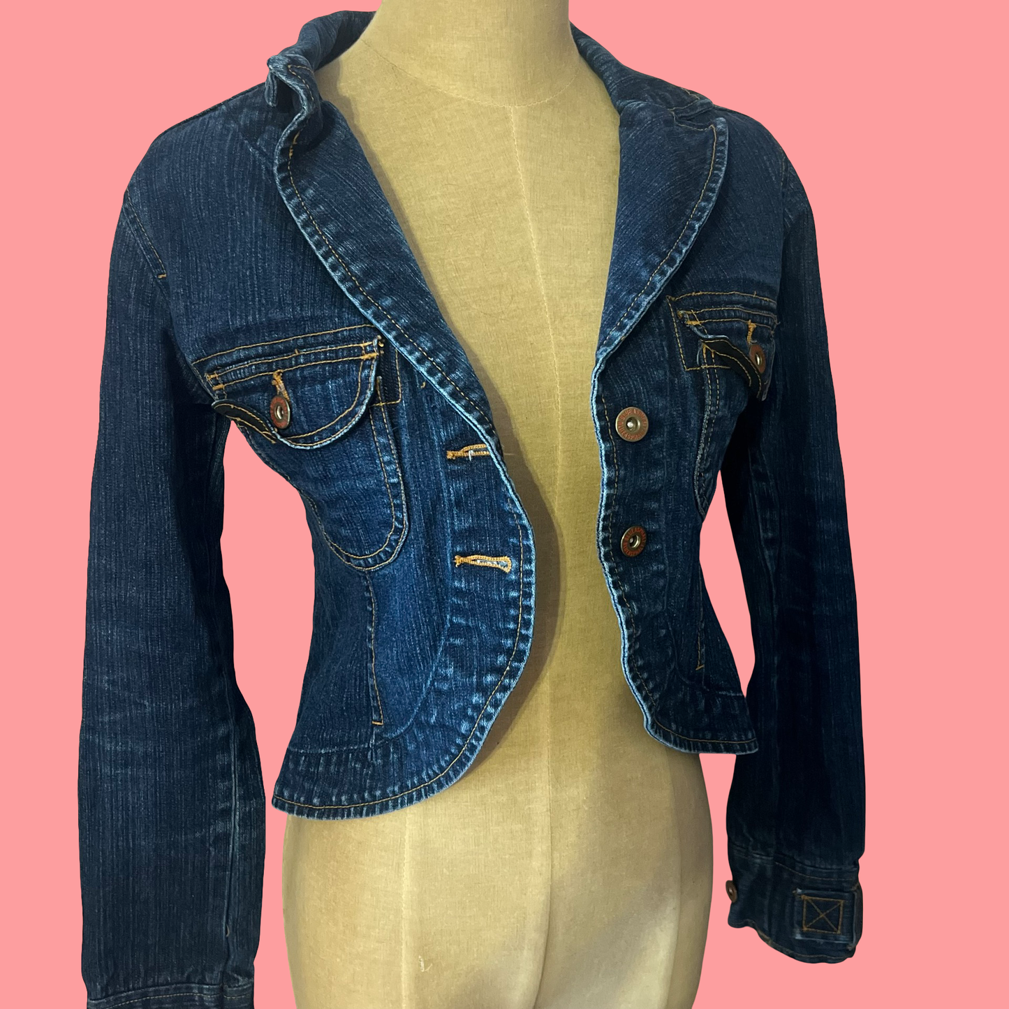 Y2K Blue Asphalt Cropped Denim Jacket XS – Vintage Early 2000s Jean Jacket