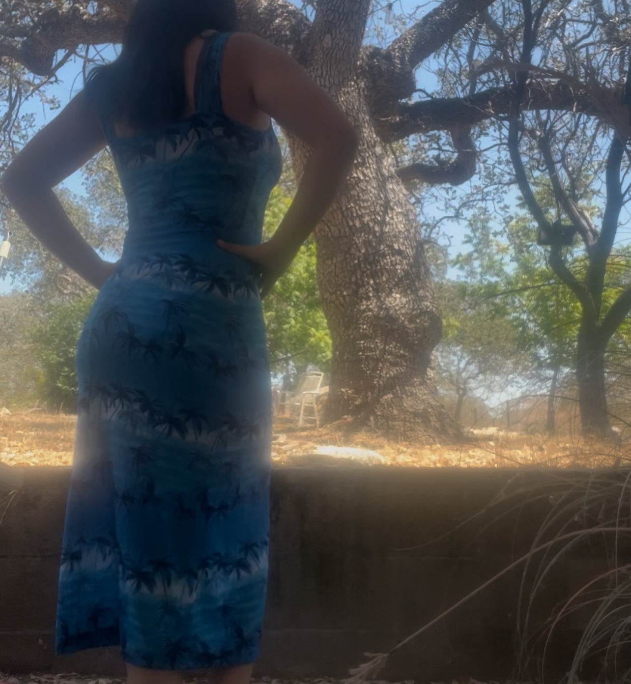 Vintage early 2000s Hawaiian summer coconut girl palm tree blue maxi dress size medium