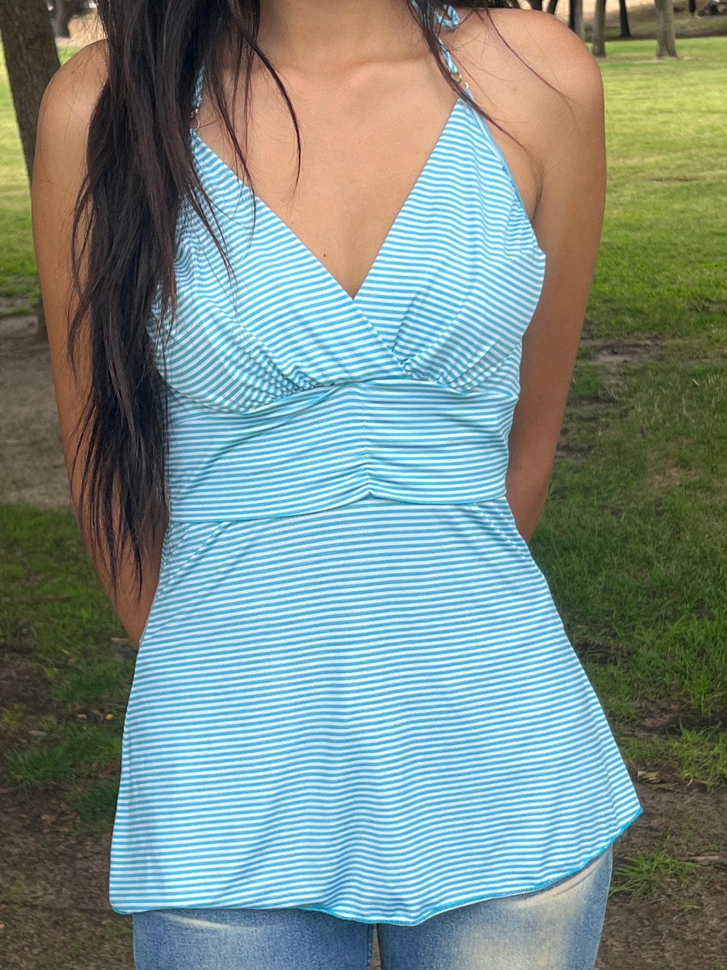 Blue striped glittery halter top