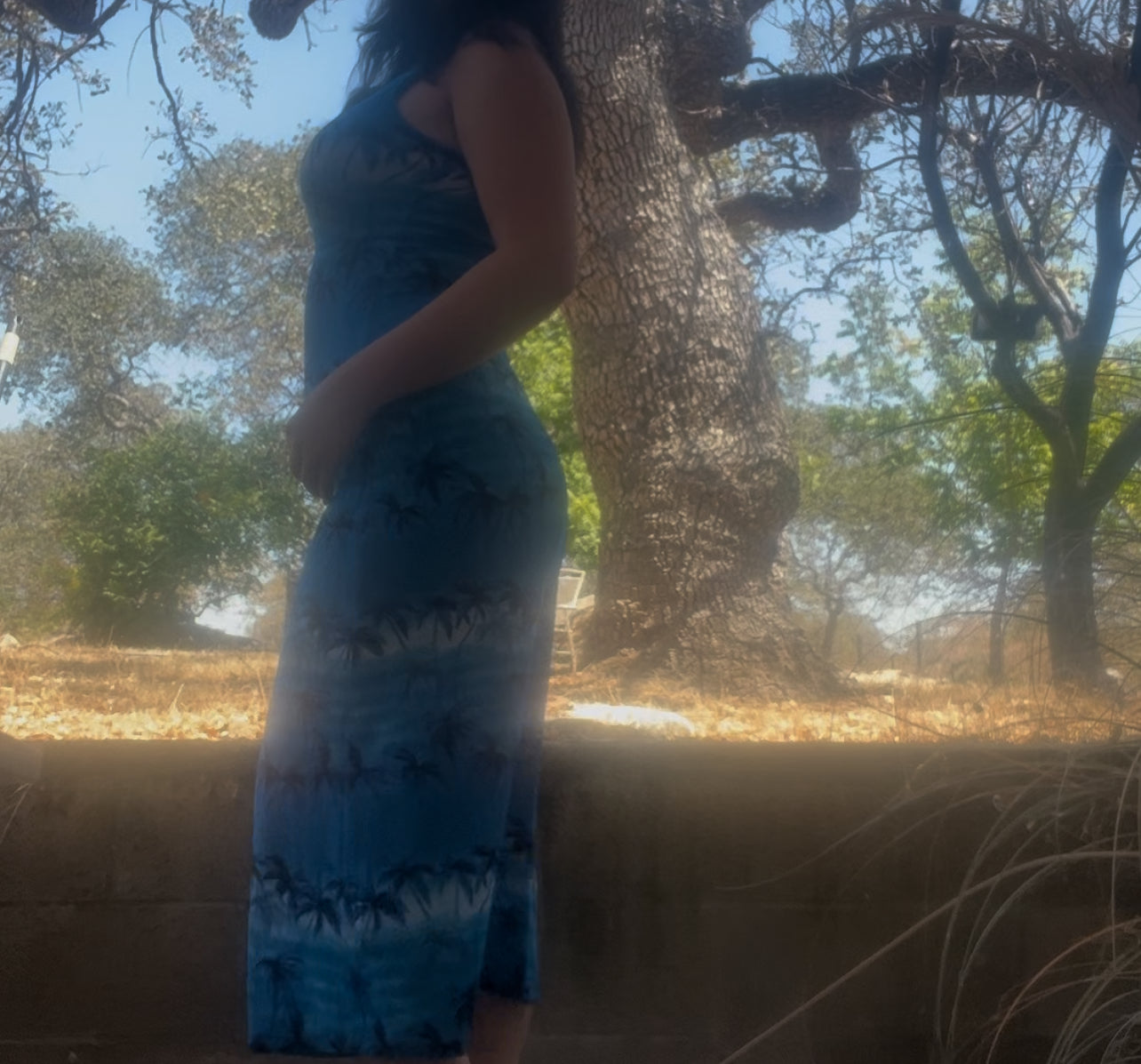 Vintage early 2000s Hawaiian summer coconut girl palm tree blue maxi dress size medium