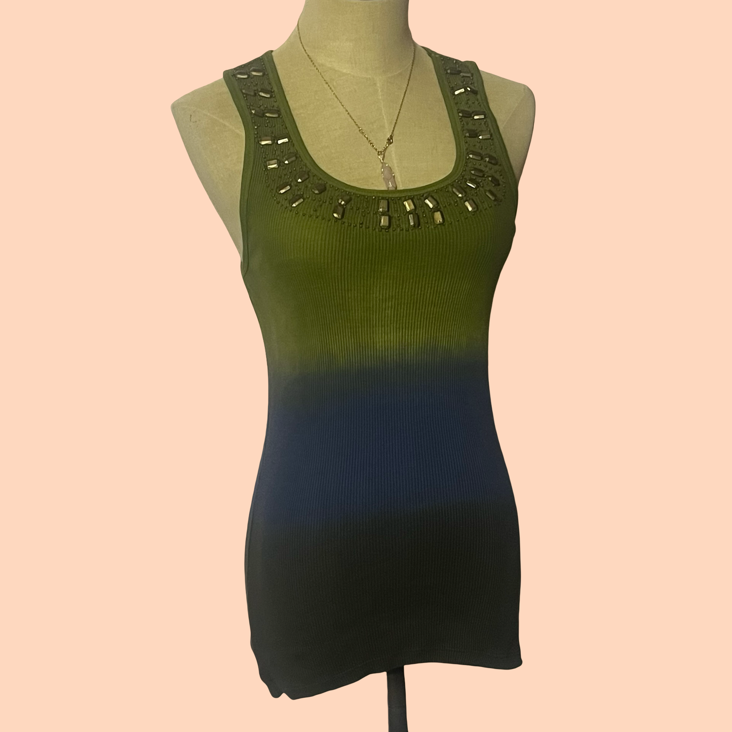 Bisou Bisou vintage boho ombré hippie green blue cami tank top size small