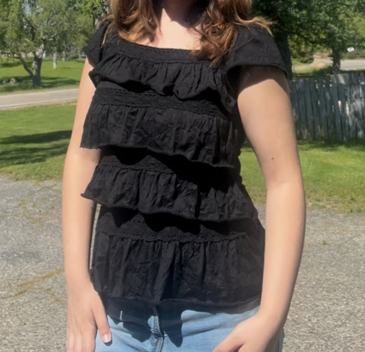 Simply suzie y2k black ruffle early 2000s blouse top size small