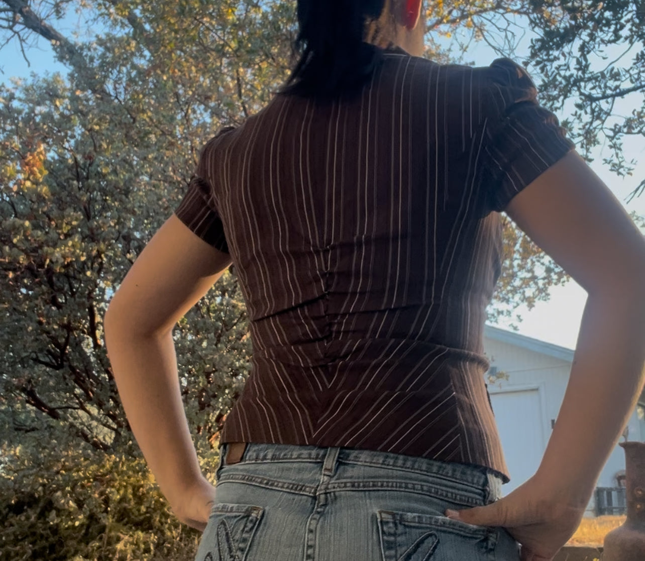 Sele vintage early 2000s y2k pinstripe brown office siren baby doll top size medium