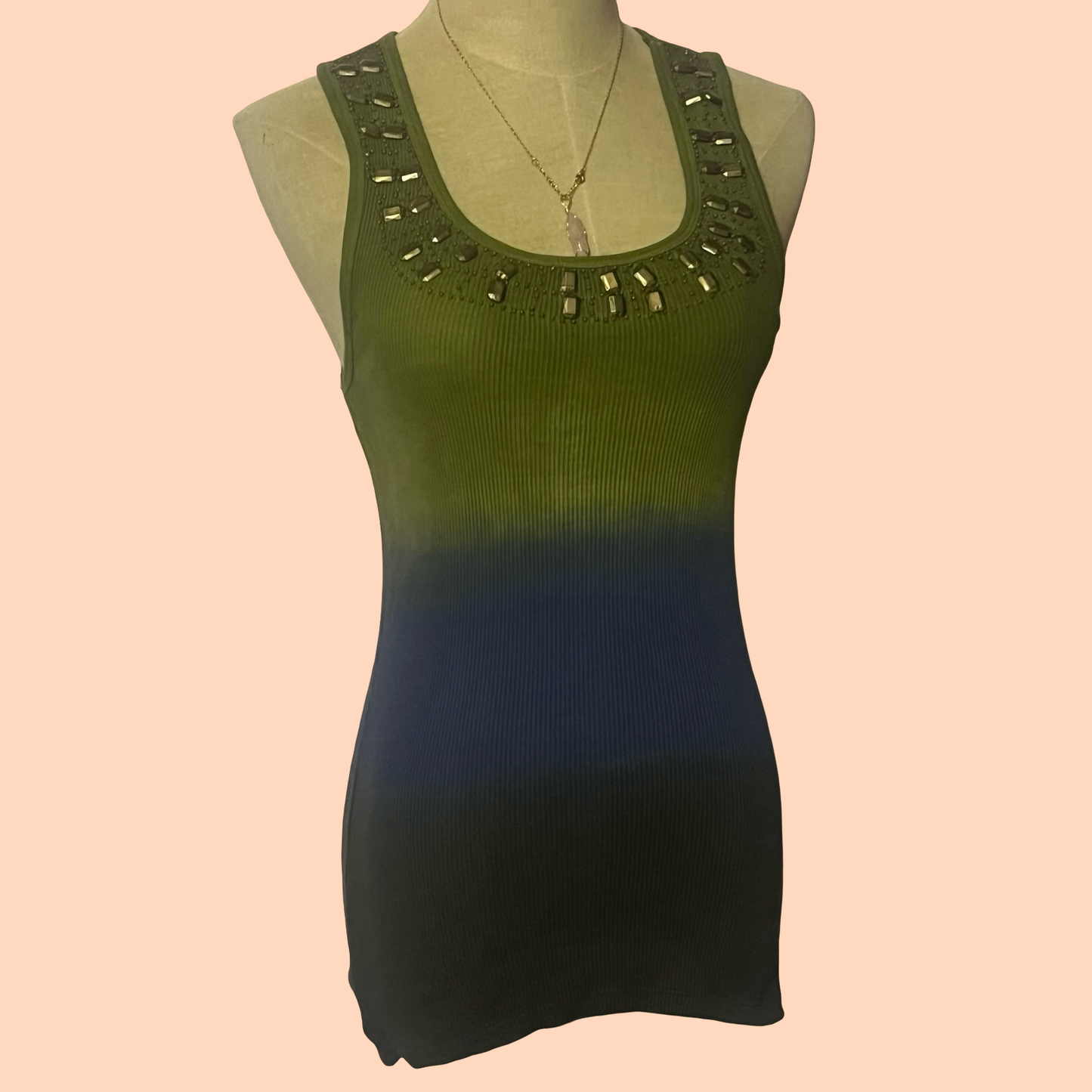 Bisou Bisou vintage boho ombré hippie green blue cami tank top size small