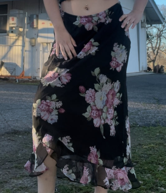 Vintage black floral midi skirt size 16