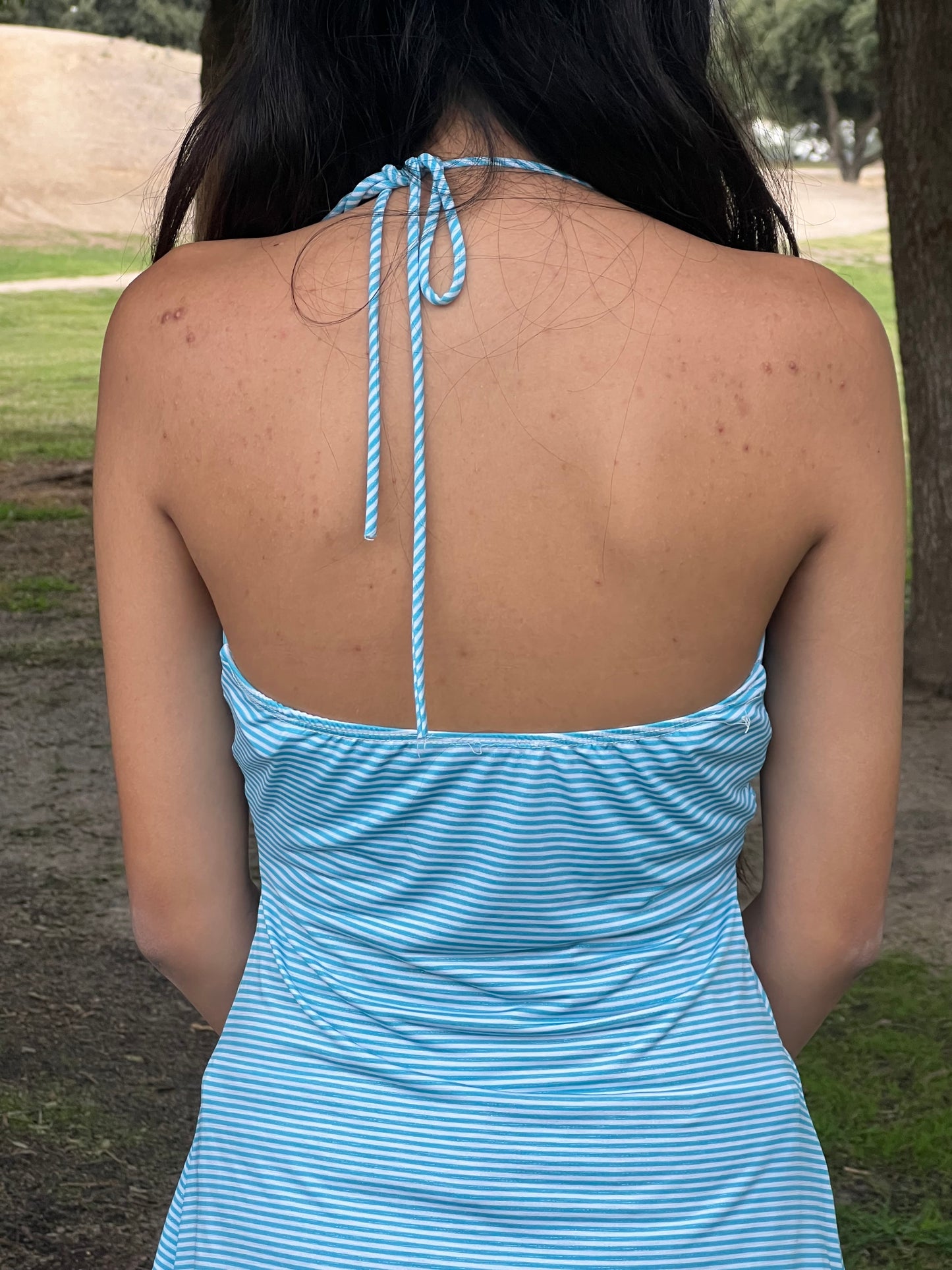 Blue striped glittery halter top