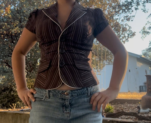 Sele vintage early 2000s y2k pinstripe brown office siren baby doll top size medium