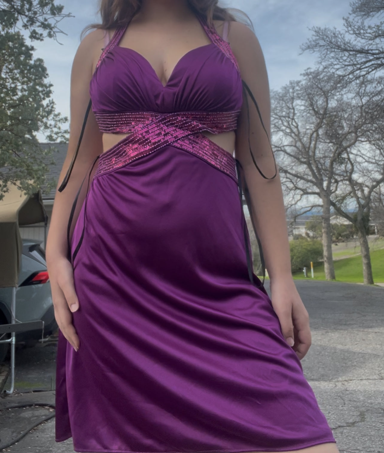 Josh and jazz y2k purple sequin cut out dress size 13/14