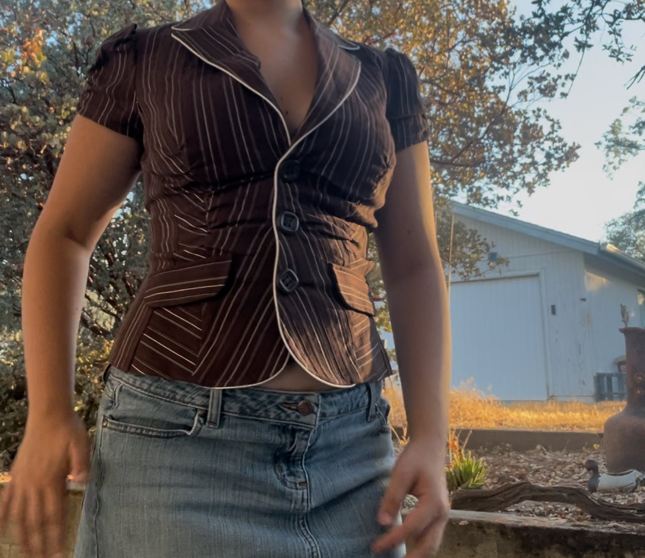 Sele vintage early 2000s y2k pinstripe brown office siren baby doll top size medium