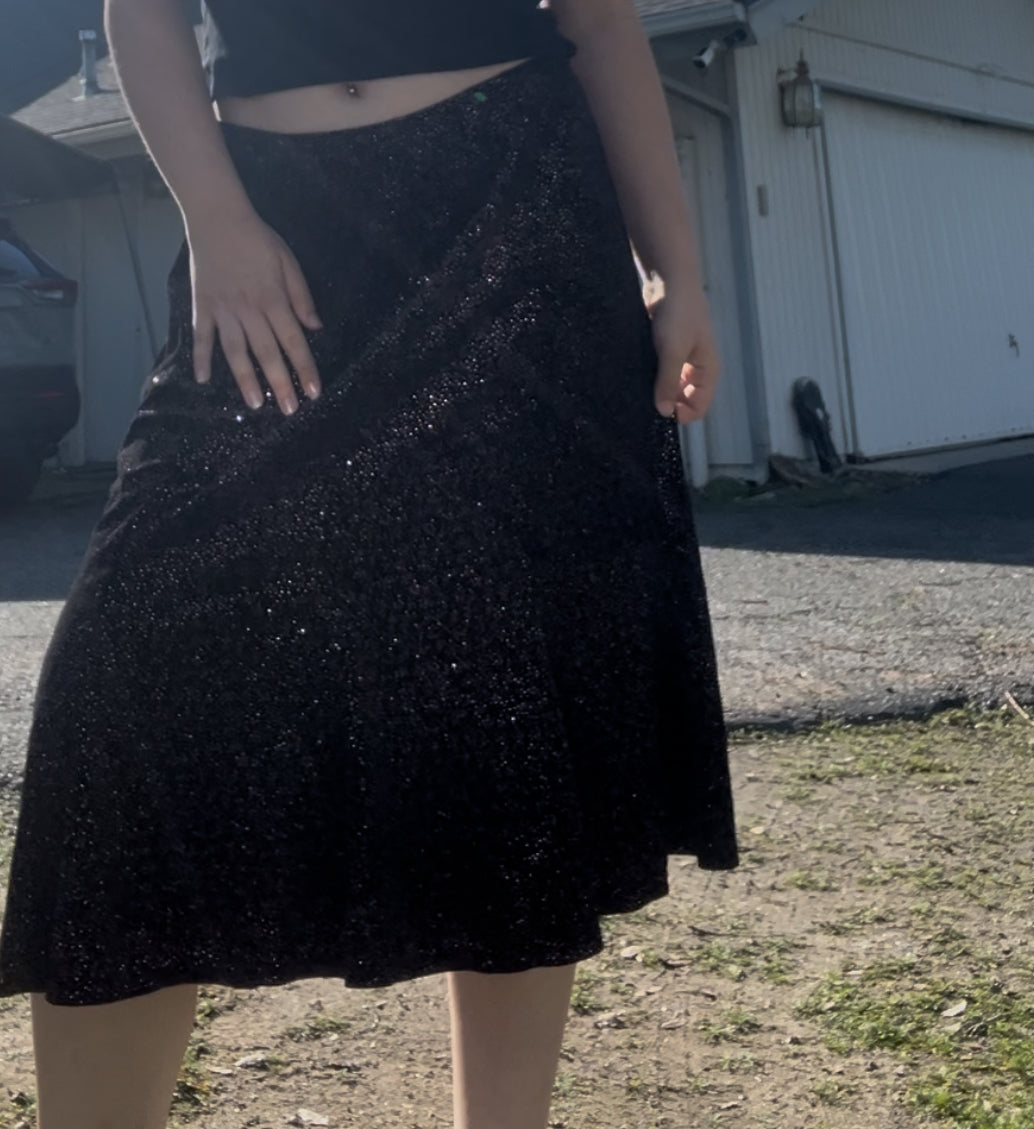 Vintage Notations Black Shimmer Midi Skirt – Size XL
