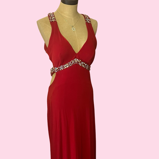 City triangles vintage early 2000s y2k sexy backless red maxi long formal prom dress with beaded straps size 9