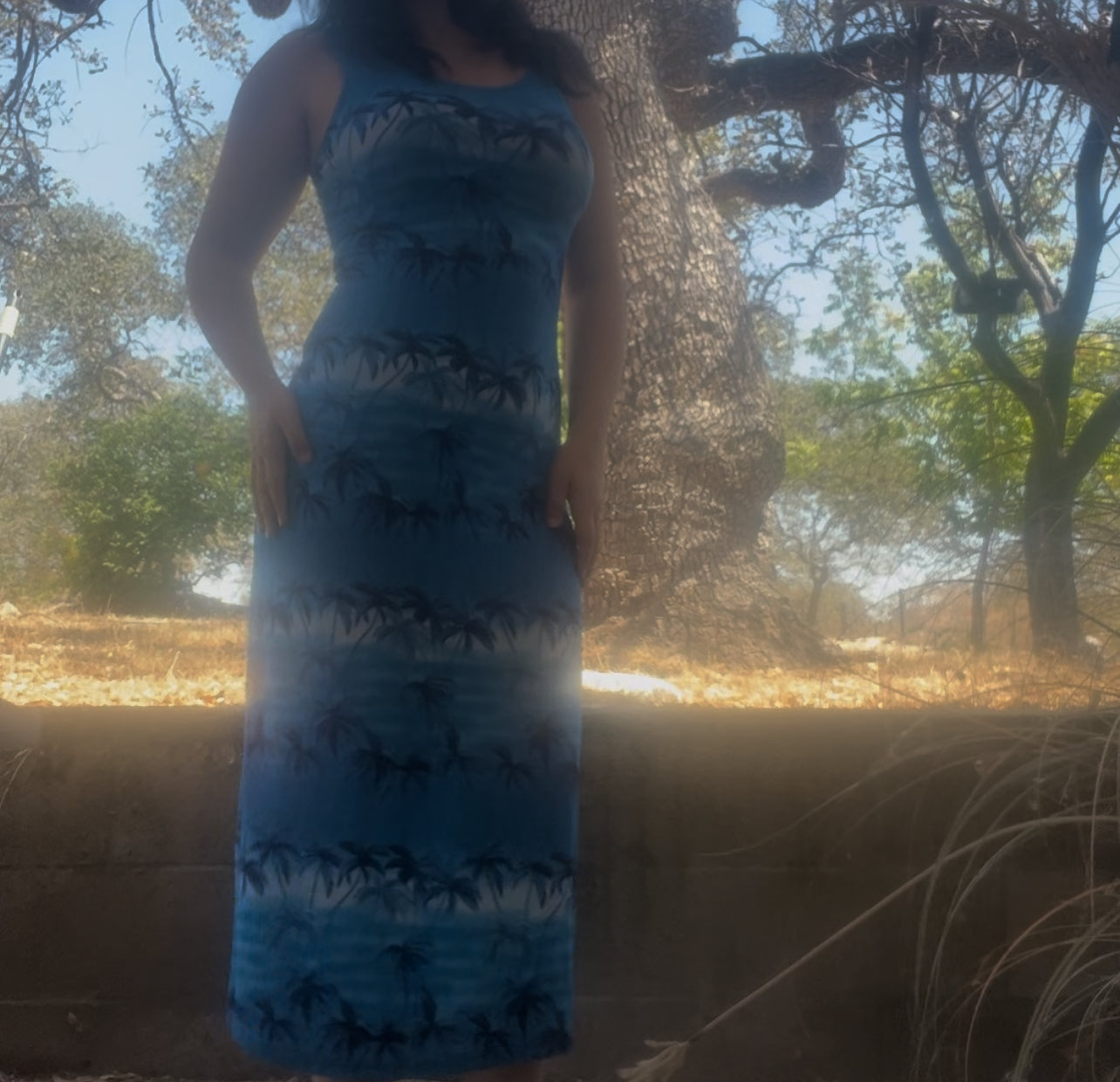 Vintage early 2000s Hawaiian summer coconut girl palm tree blue maxi dress size medium