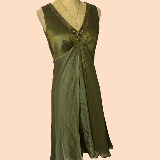 Donna Ricco petite vintage early 2000s y2k green silk beaded glam dress size 6P