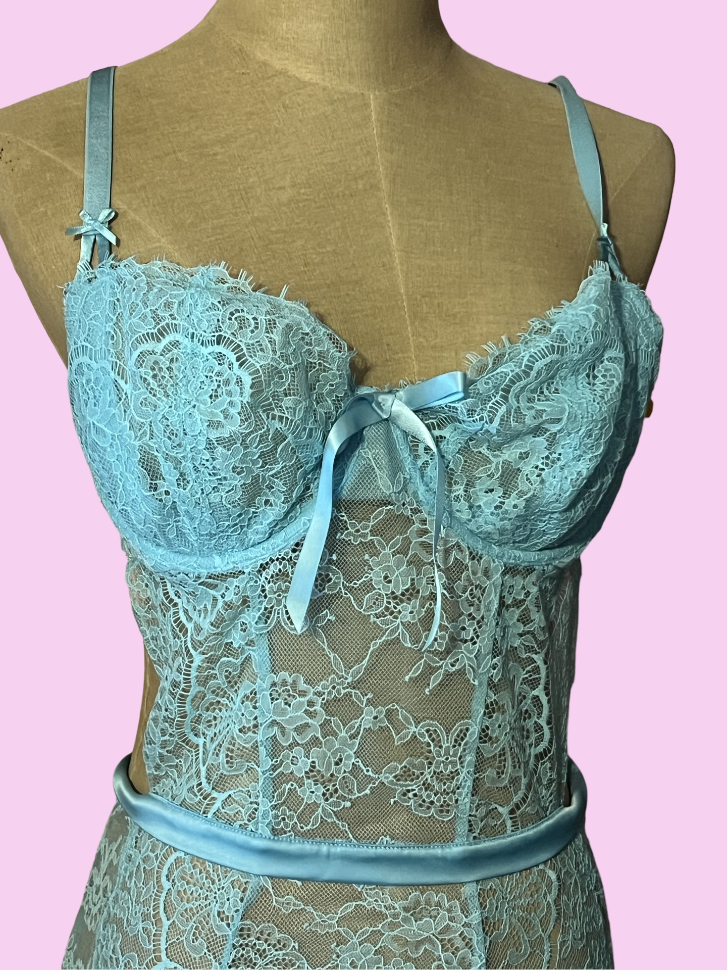 Victorias Secret lingerie babydoll blue lace wicked plunge apron tie up lingerie