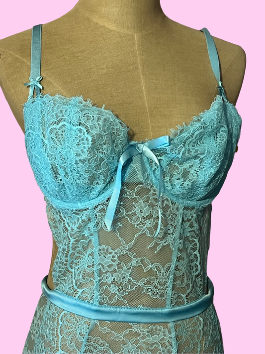 Victorias Secret lingerie babydoll blue lace wicked plunge apron tie up lingerie