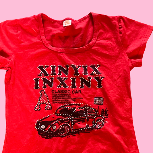 Vintage early 2000s bling car glam goth grunge red baby tee