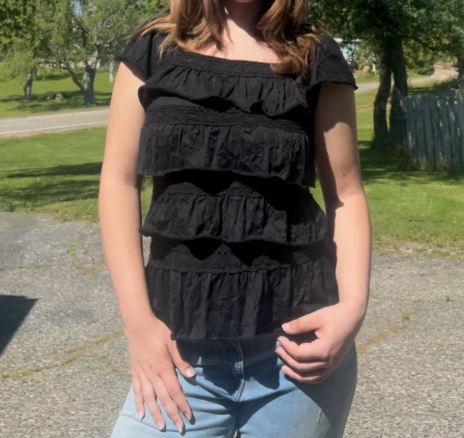 Simply suzie y2k black ruffle early 2000s blouse top size small