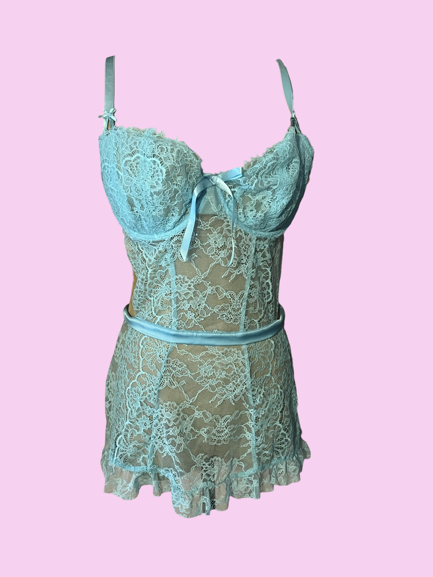 Victorias Secret lingerie babydoll blue lace wicked plunge apron tie up lingerie