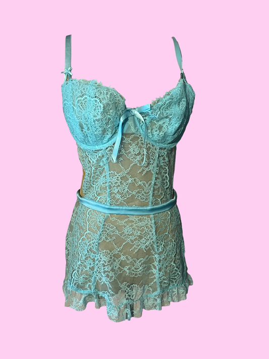 Victorias Secret lingerie babydoll blue lace wicked plunge apron tie up lingerie