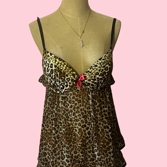 True desire y2k mcbling cheetah print rhinestone lingerie babydoll top size large