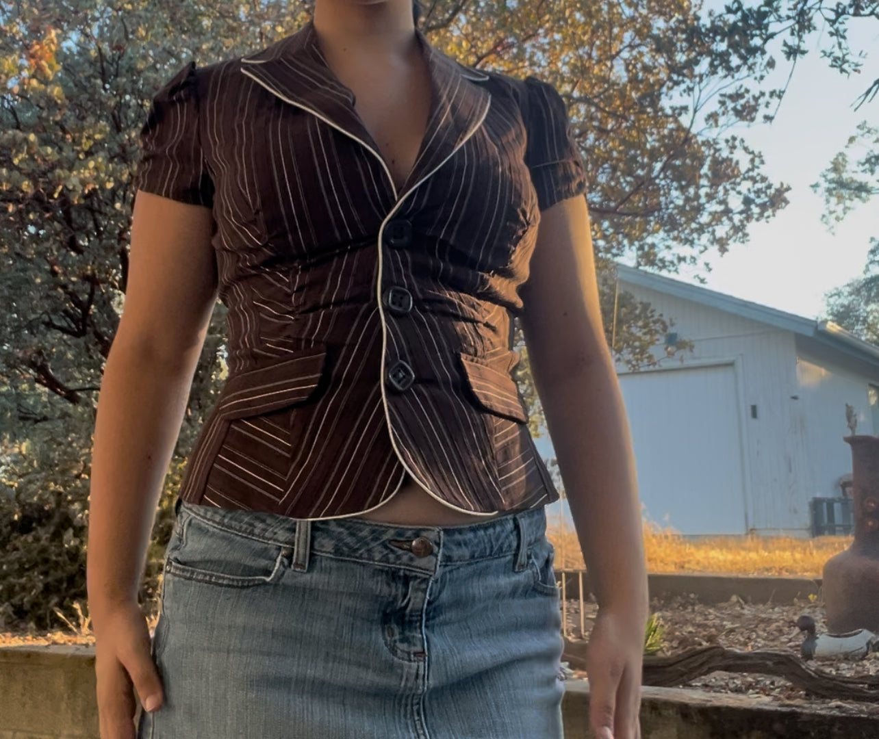 Sele vintage early 2000s y2k pinstripe brown office siren baby doll top size medium