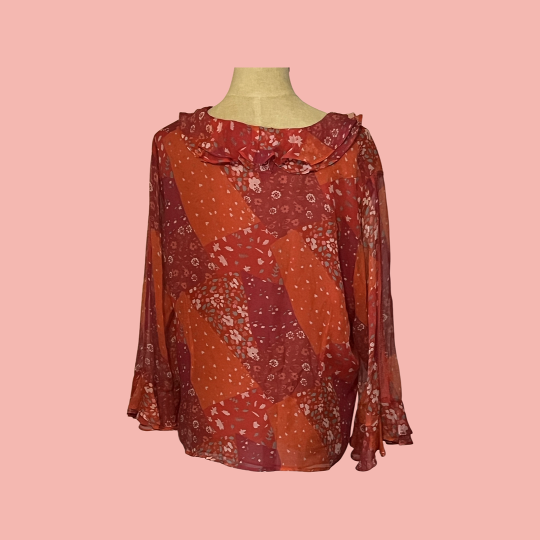 Orange floral sheer long sleeve blouse