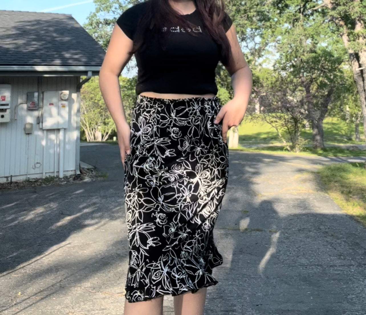 Black floral midi skirt